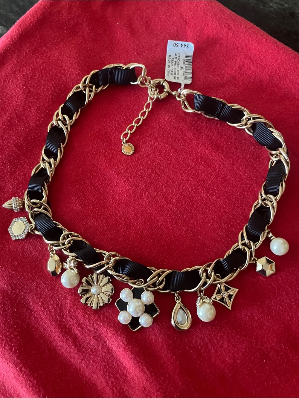 Charter Club Gold-Tone Necklace with Black Ribbon and Pearl Charms